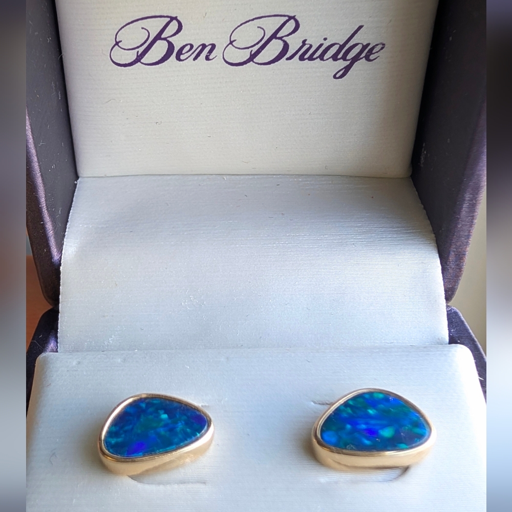 Ben Bridge Gold Earrings with Blue Opal In Box